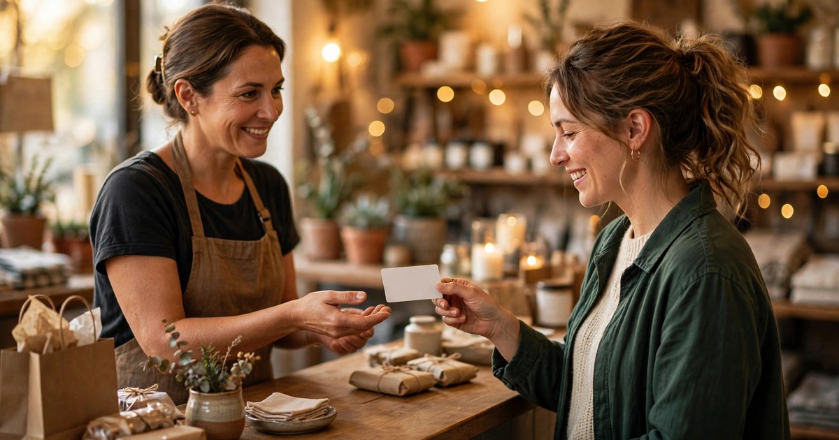 Customer handing a gift card across a shop counter