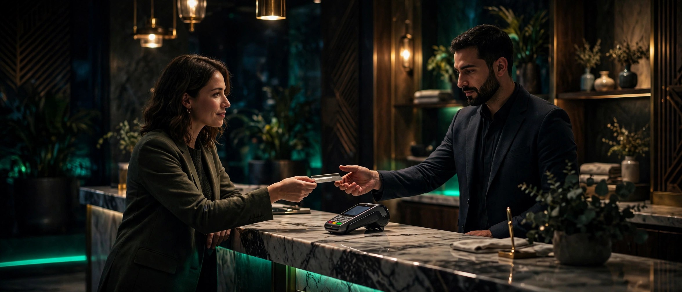 Guest handing a card to the front-desk clerk at a hotel